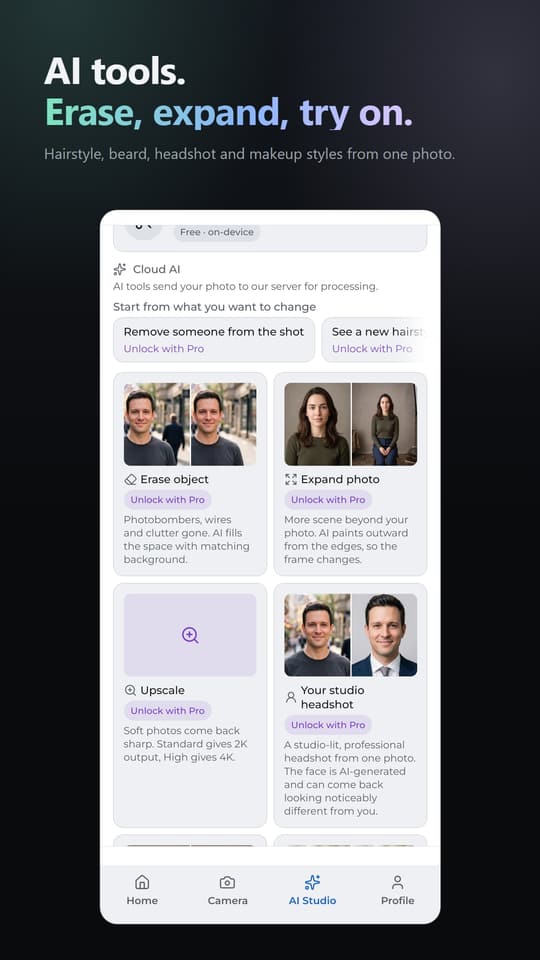 AI tools. Erase, expand, try on. Hairstyle, beard, headshot and makeup styles from one photo.