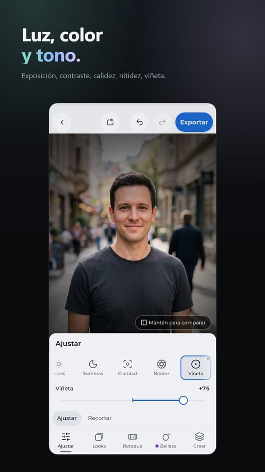 Luz, color y tono. Exposición, contraste, calidez, nitidez, viñeta.