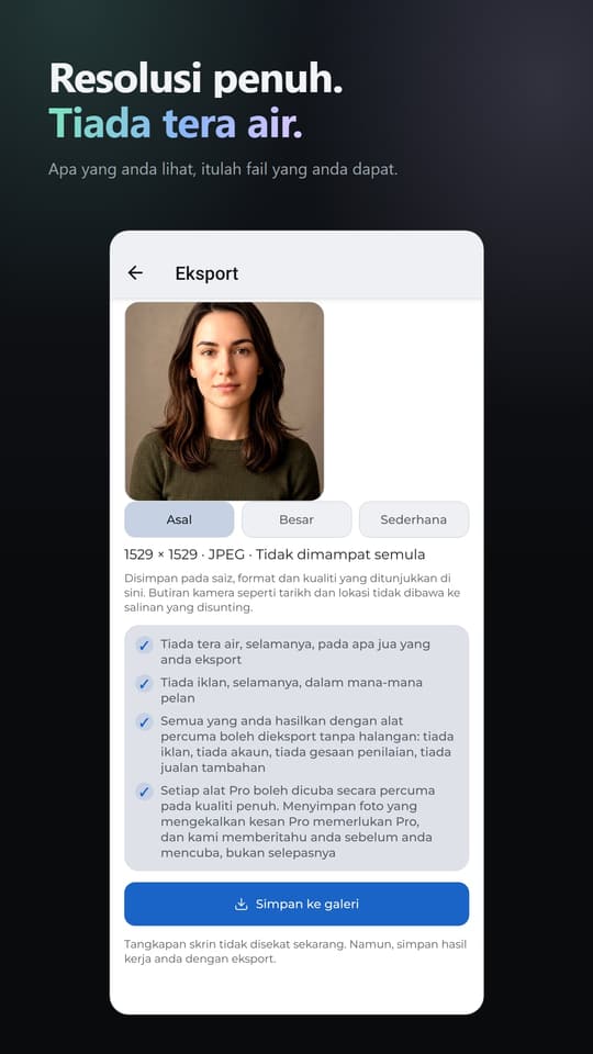 Resolusi penuh. Tiada tera air. Apa yang anda lihat, itulah fail yang anda dapat.