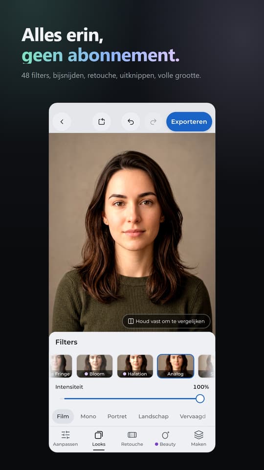 Alles erin, geen abonnement. 48 filters, bijsnijden, retouche, uitknippen, volle grootte.